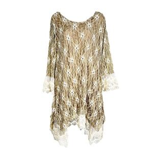 Cream Lace Mini Dress Womens 1X Long Flare Sleeves Fairy Boho Feminine Country